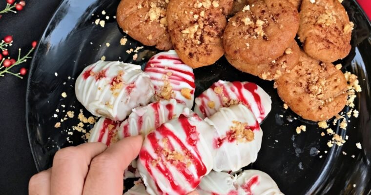 Close up of my new raspberry white chocolate melomakarona