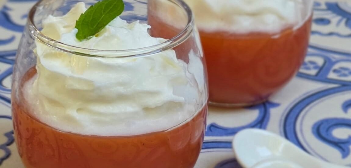 our watermelon pudding served in glass dessert jars. Served with whipping cream and mint.