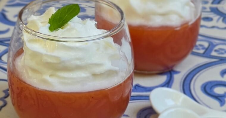 our watermelon pudding served in glass dessert jars. Served with whipping cream and mint.